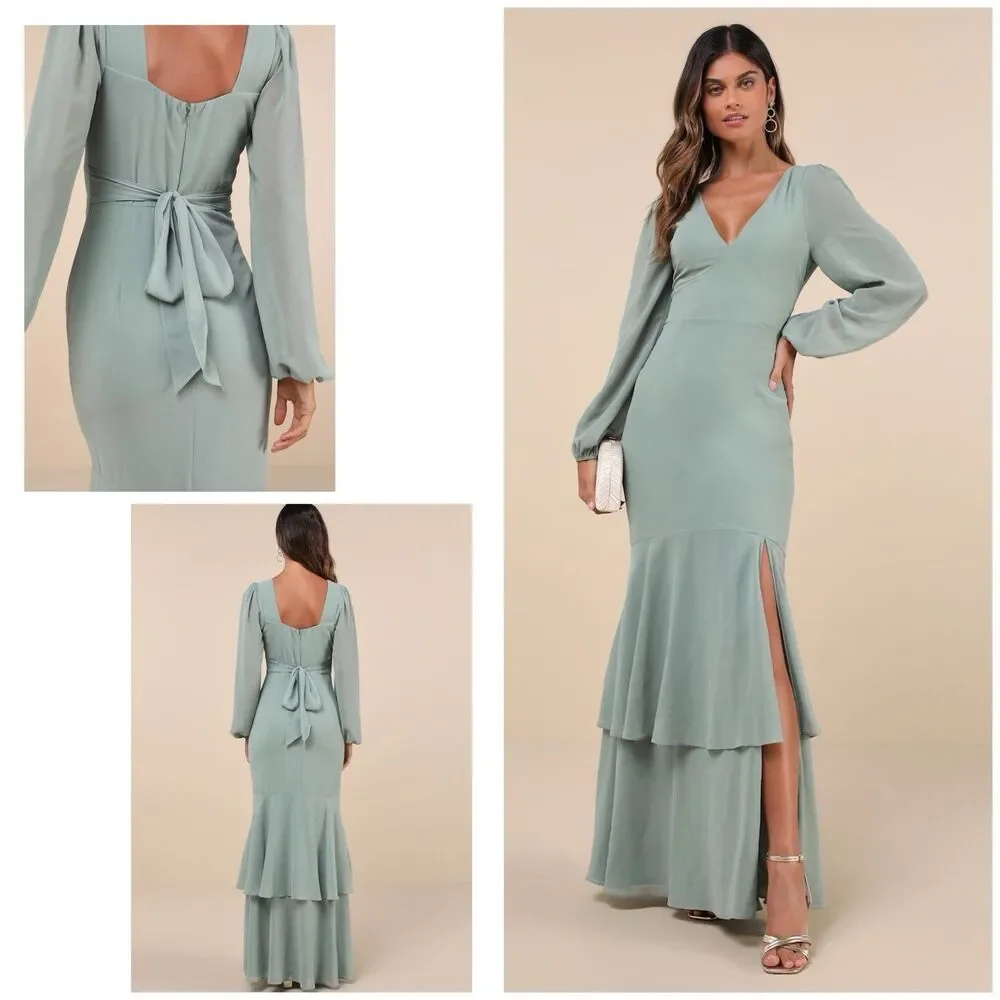 Lulus Tier Elegance Maxi Dress Sage Brush‎ Size XL NWOT - Picture 2 of 12